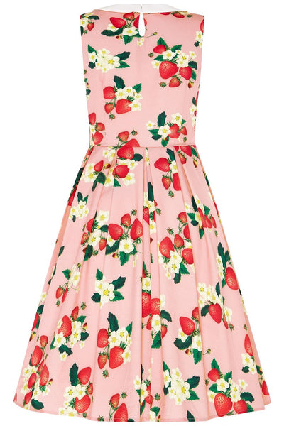 Vintage Inspired Above the Knee Swing Dress in Pink with Strawberry Print
