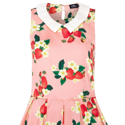 Vintage Inspired Above the Knee Swing Dress in Pink with Strawberry Print

