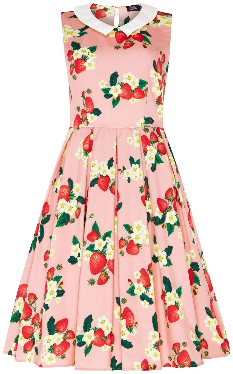 Vintage Inspired Above the Knee Swing Dress in Pink with Strawberry Print

