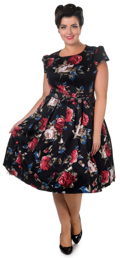 Vintage-inspired Floral Swing Dress in Black with sleeves and pockets
