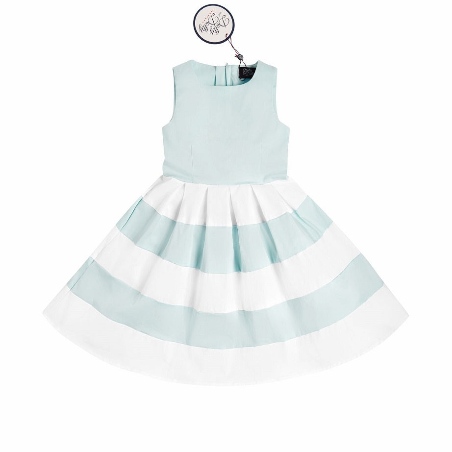 Vintage Inspired Kids Swing Dress with Sleeves in Pale Blue and White

