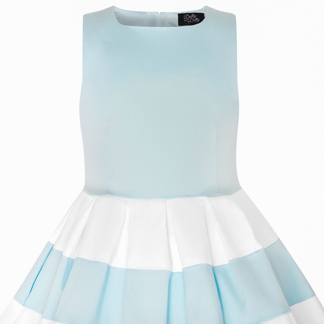 Vintage Inspired Kids Swing Dress with Sleeves in Pale Blue and White
