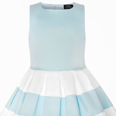 Vintage Inspired Kids Swing Dress with Sleeves in Pale Blue and White

