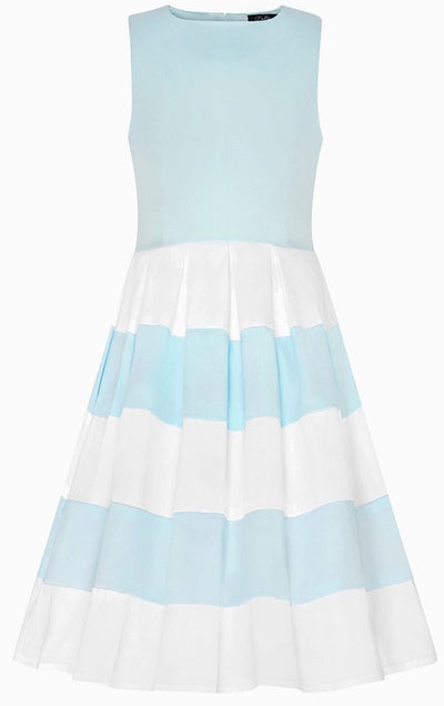 Vintage Inspired Kids Swing Dress with Sleeves in Pale Blue and White
