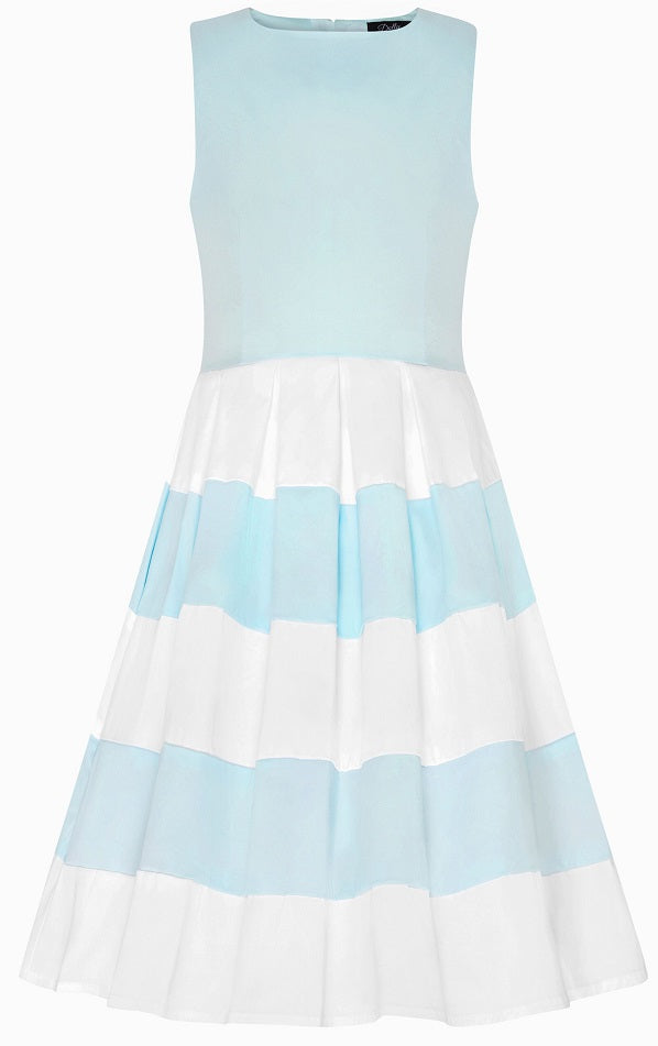 Vintage Inspired Kids Swing Dress with Sleeves in Pale Blue and White
