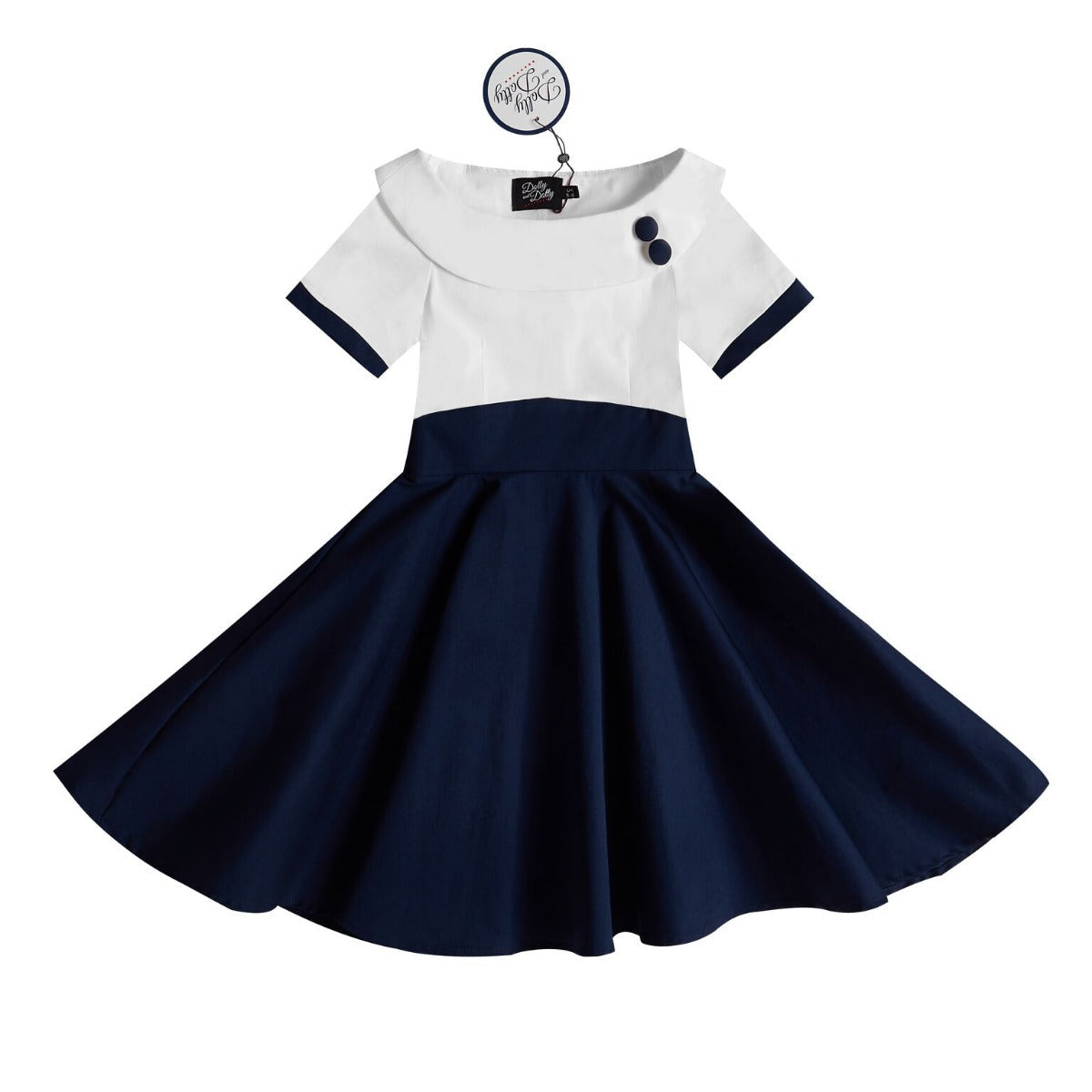 Vintage Inspired Kids Swing Dress with Sleeves in White and Navy Blue
