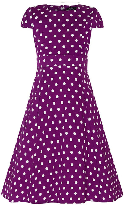 Vintage Inspired Polka Dot Kids Swing Dress in Purple and White with Sleeves
