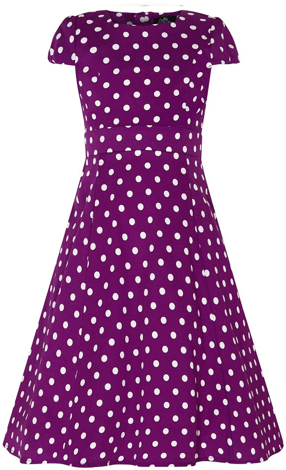 Vintage Inspired Polka Dot Kids Swing Dress in Purple and White with Sleeves
