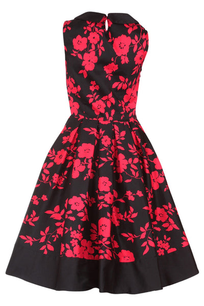 vintage Inspired Swing Dress in Black-Red Floral
