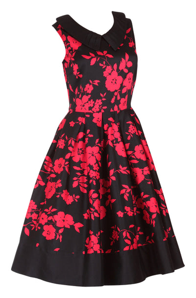 vintage Inspired Swing Dress in Black-Red Floral