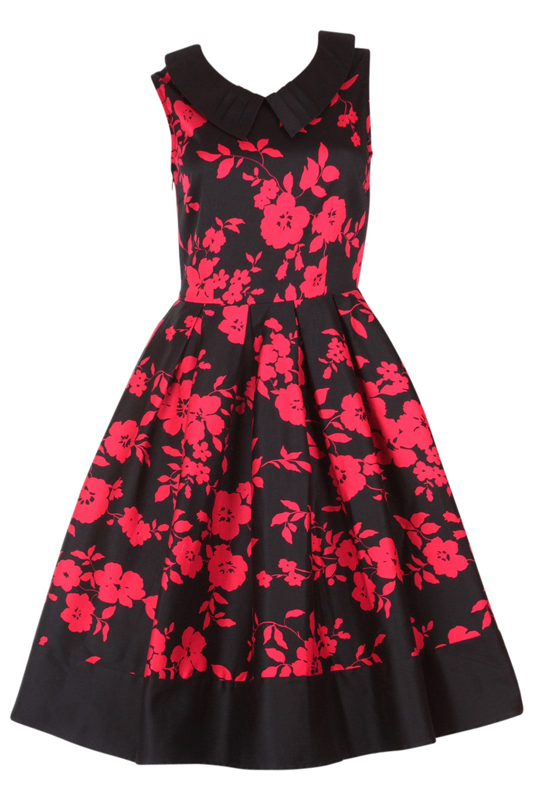 vintage Inspired Swing Dress in Black-Red Floral