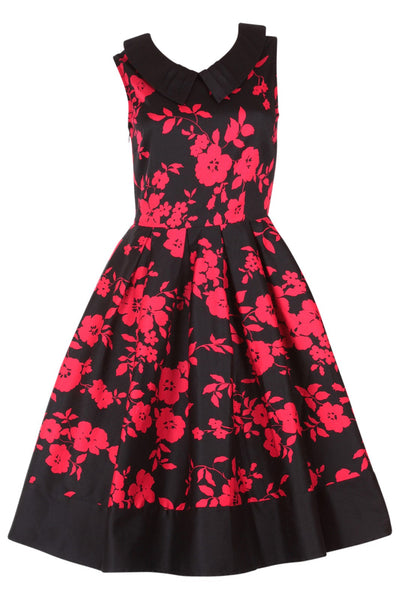 vintage Inspired Swing Dress in Black-Red Floral