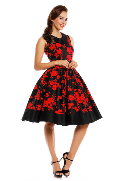 vintage Inspired Swing Dress in Black-Red Floral