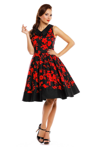 vintage Inspired Swing Dress in Black-Red Floral