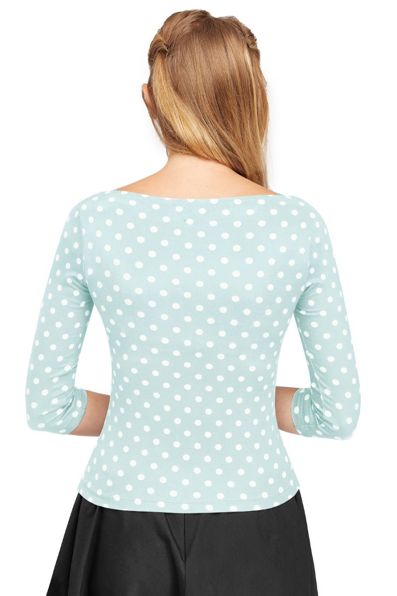 Vintage Long Sleeve Bateau Neck Pale Blue Polka Dot Top
