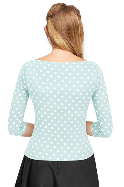 Vintage Long Sleeve Bateau Neck Pale Blue Polka Dot Top
