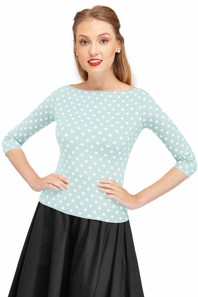 Vintage Long Sleeve Bateau Neck Pale Blue Polka Dot Top

