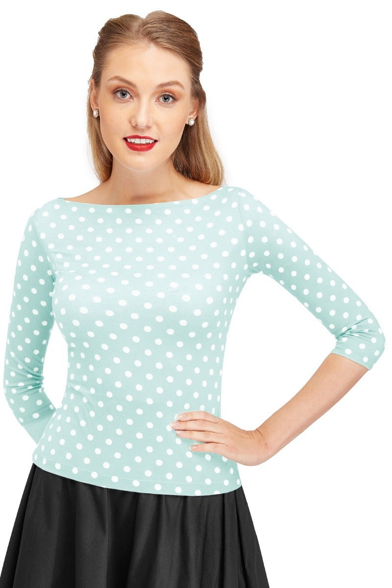 Vintage Long Sleeve Bateau Neck Pale Blue Polka Dot Top
