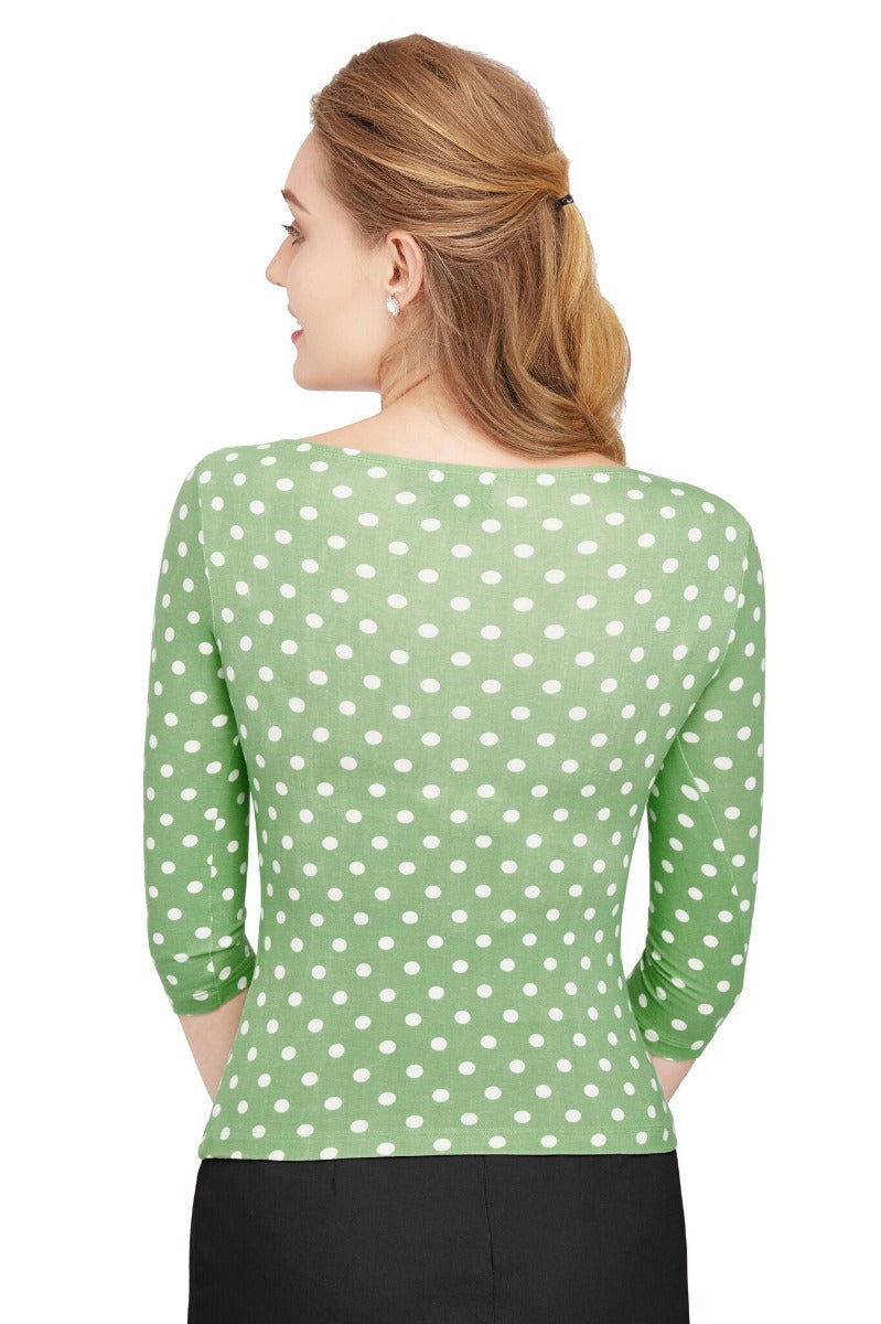Vintage Long Sleeve Bateau Neck Pale Green Polka Dot Top

