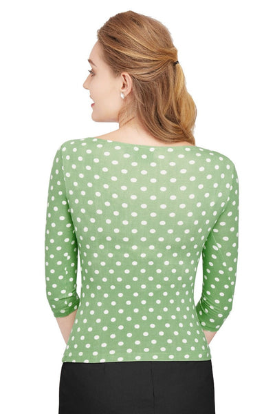 Vintage Long Sleeve Bateau Neck Pale Green Polka Dot Top

