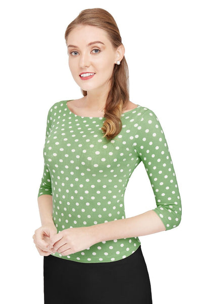 Vintage Long Sleeve Bateau Neck Pale Green Polka Dot Top

