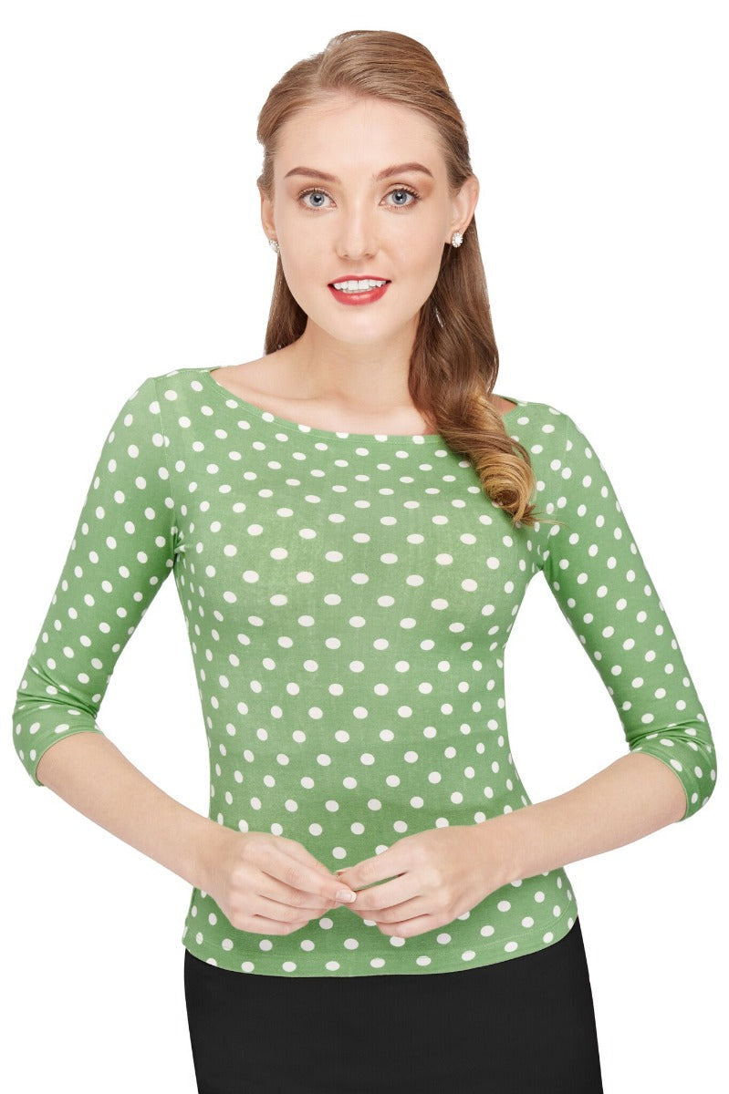 Vintage Long Sleeve Bateau Neck Pale Green Polka Dot Top
