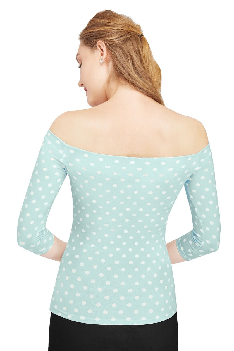Vintage Polka dot Off-Shoulder Top in Cool Blue
