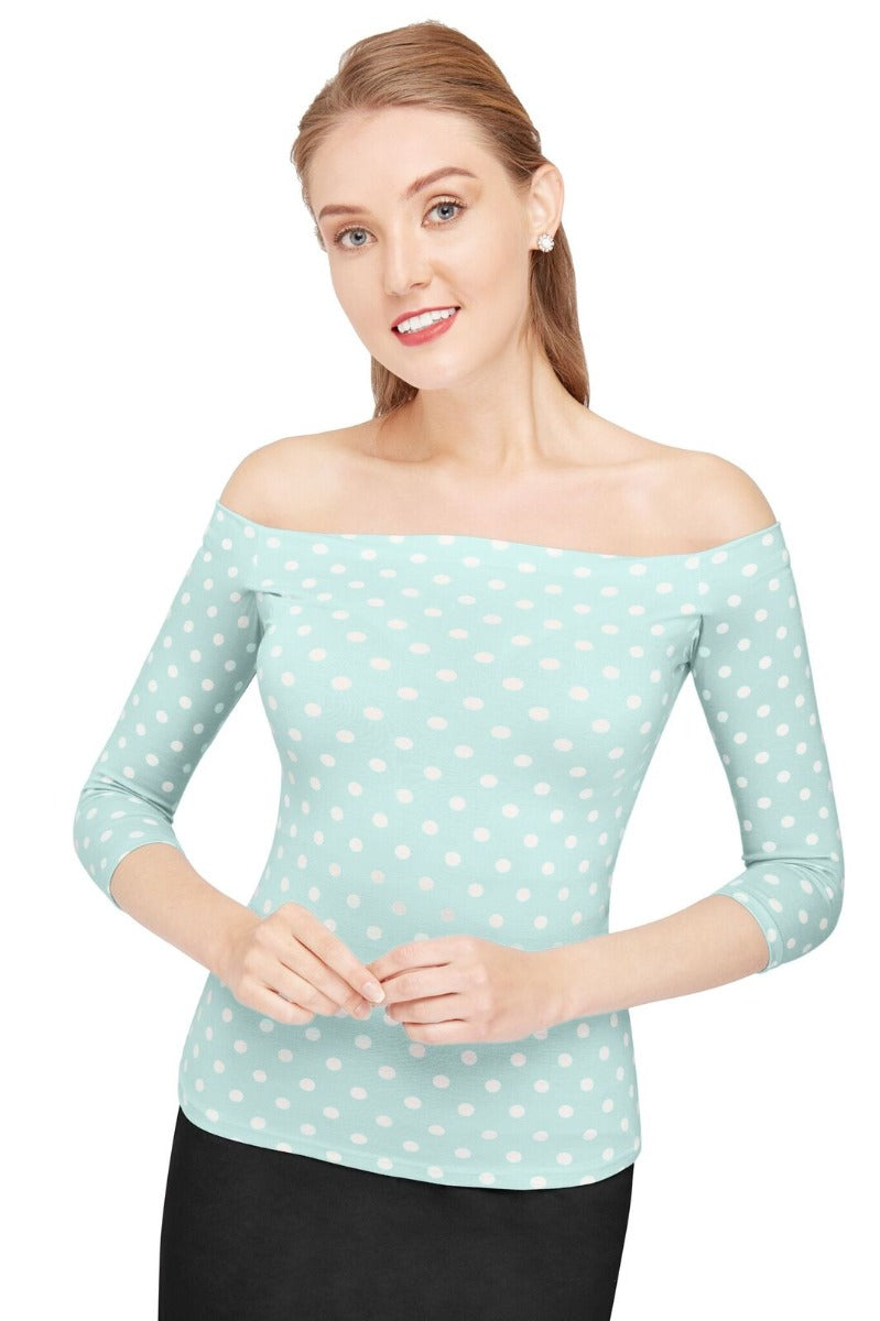 Vintage Polka dot Off-Shoulder Top in Cool Blue
