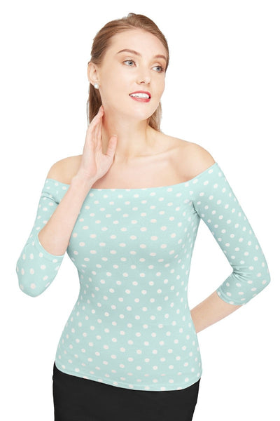Vintage Polka dot Off-Shoulder Top in Cool Blue

