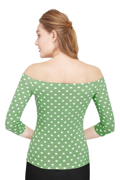 Vintage Polka dot Off-Shoulder Top in Smoke Green
