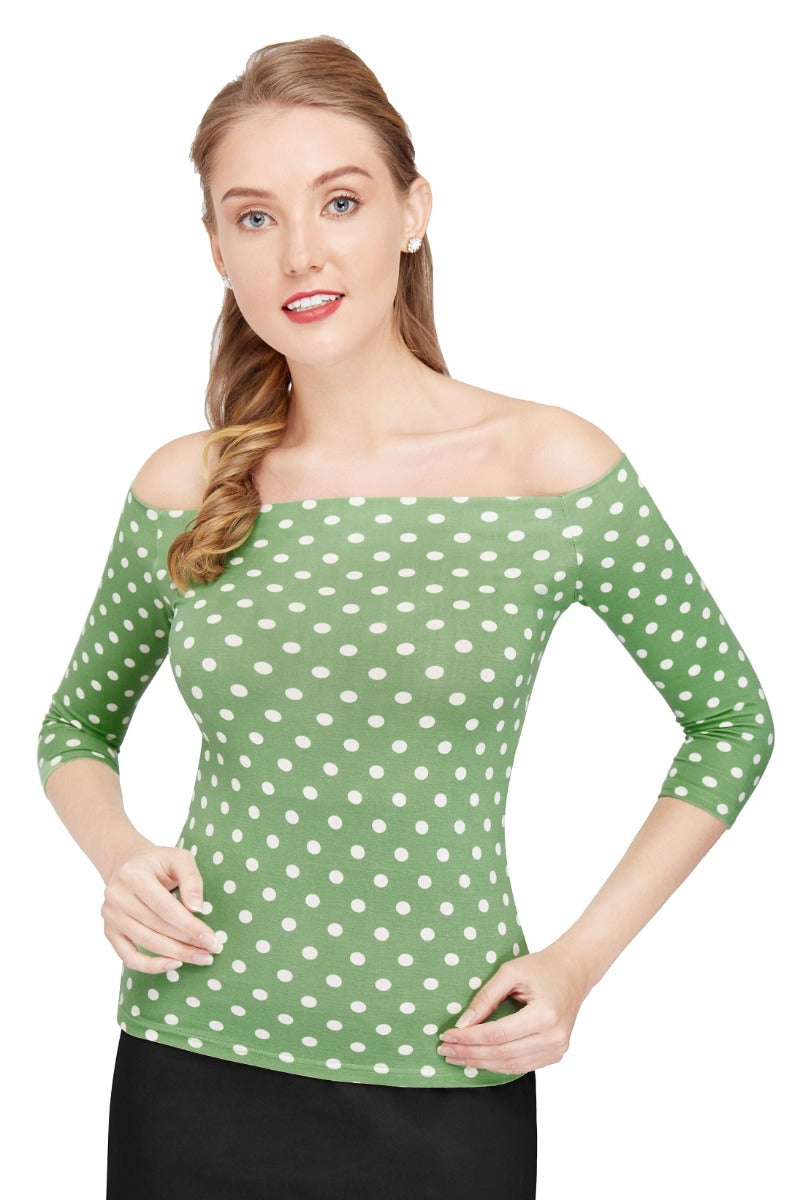 Vintage Polka dot Off-Shoulder Top in Smoke Green
