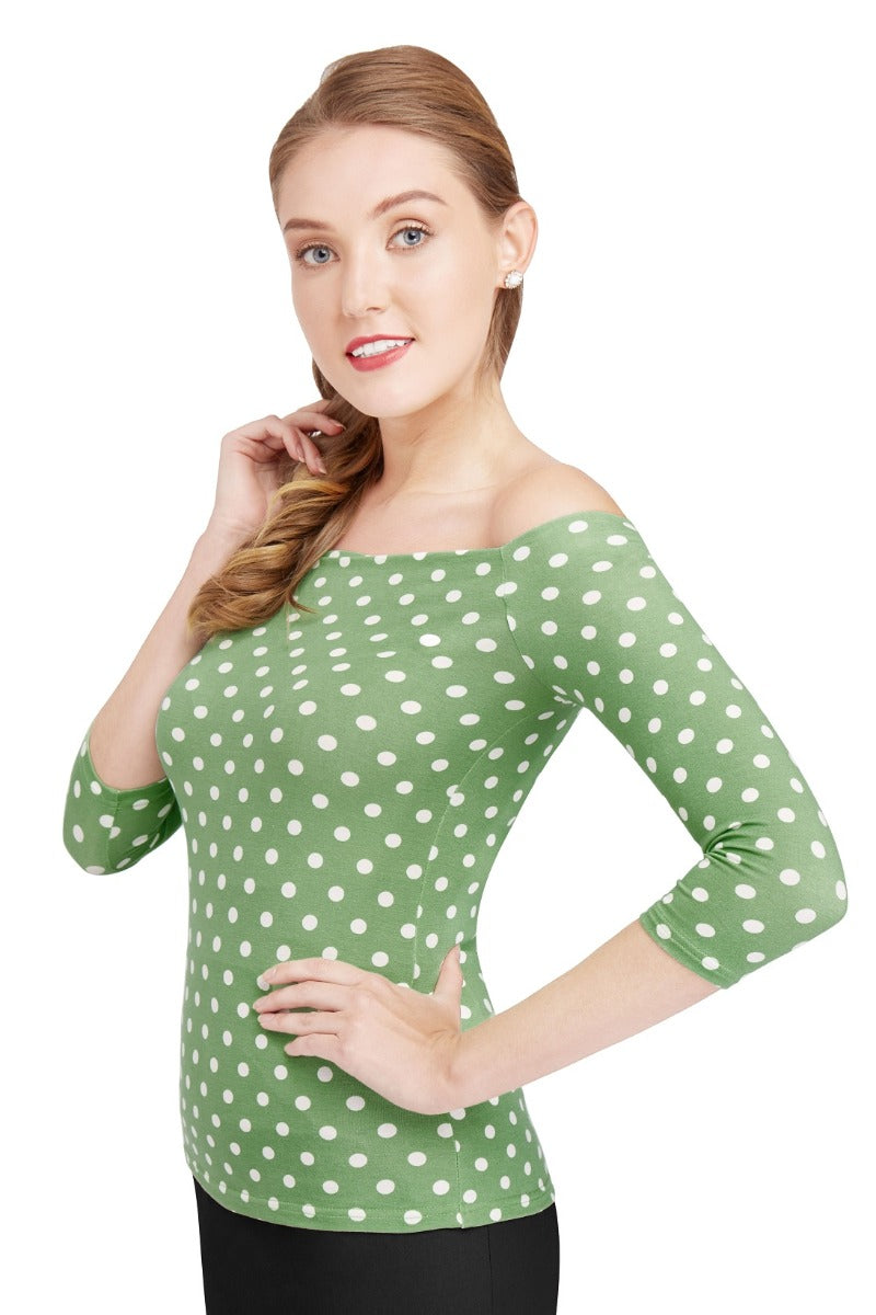 Vintage Polka dot Off-Shoulder Top in Smoke Green
