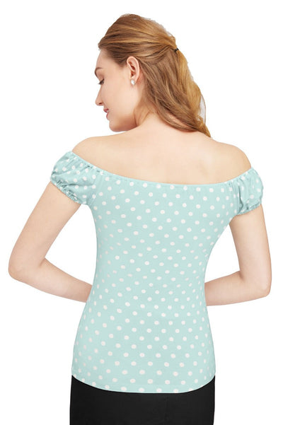 Vintage Pale Blue Polka Dot Tie Up Off-Shoulder Top
