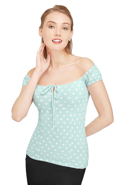 Vintage Pale Blue Polka Dot Tie Up Off-Shoulder Top
