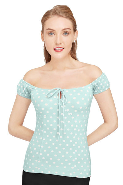Vintage Pale Blue Polka Dot Tie Up Off-Shoulder Top
