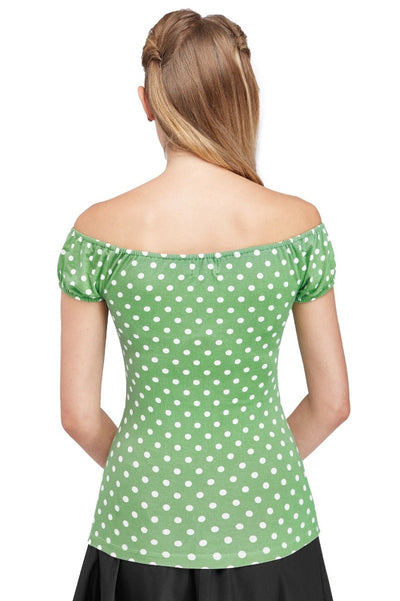 Vintage Pale Green Polka Dot Tie Up Off-Shoulder Top
