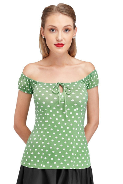 Vintage Pale Green Polka Dot Tie Up Off-Shoulder Top
