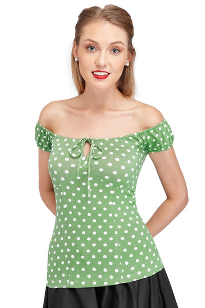 Vintage Pale Green Polka Dot Tie Up Off-Shoulder Top
