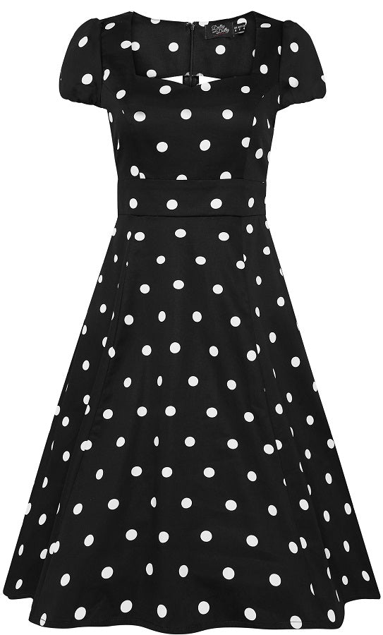 Vintage Inspired Polka Dot Black Swing Dress with Sleeves
