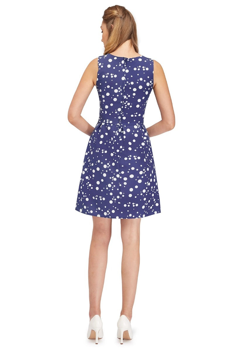 Polka Dot Printed Dress in Grey and White dots with Pockets
