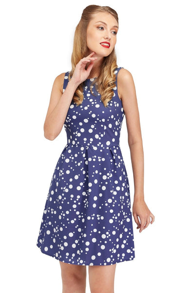 Polka Dot Printed Dress in Grey and White dots with Pockets
