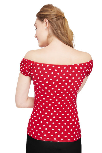 Vintage Red Polka Dot Tie Up Off-Shoulder Top
