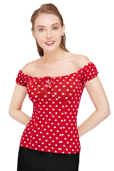 Vintage Red Polka Dot Tie Up Off-Shoulder Top
