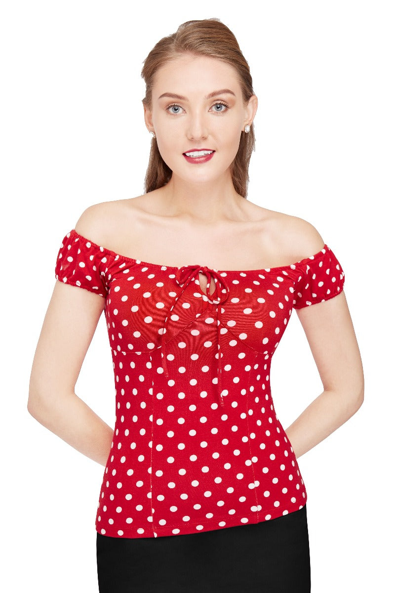 Vintage Red Polka Dot Tie Up Off-Shoulder Top
