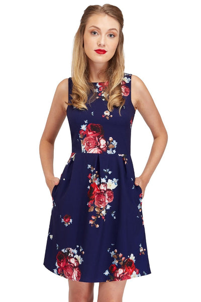 Vintage Sleeveless Summer Dress in Navy Blue with Roses and Pockets
