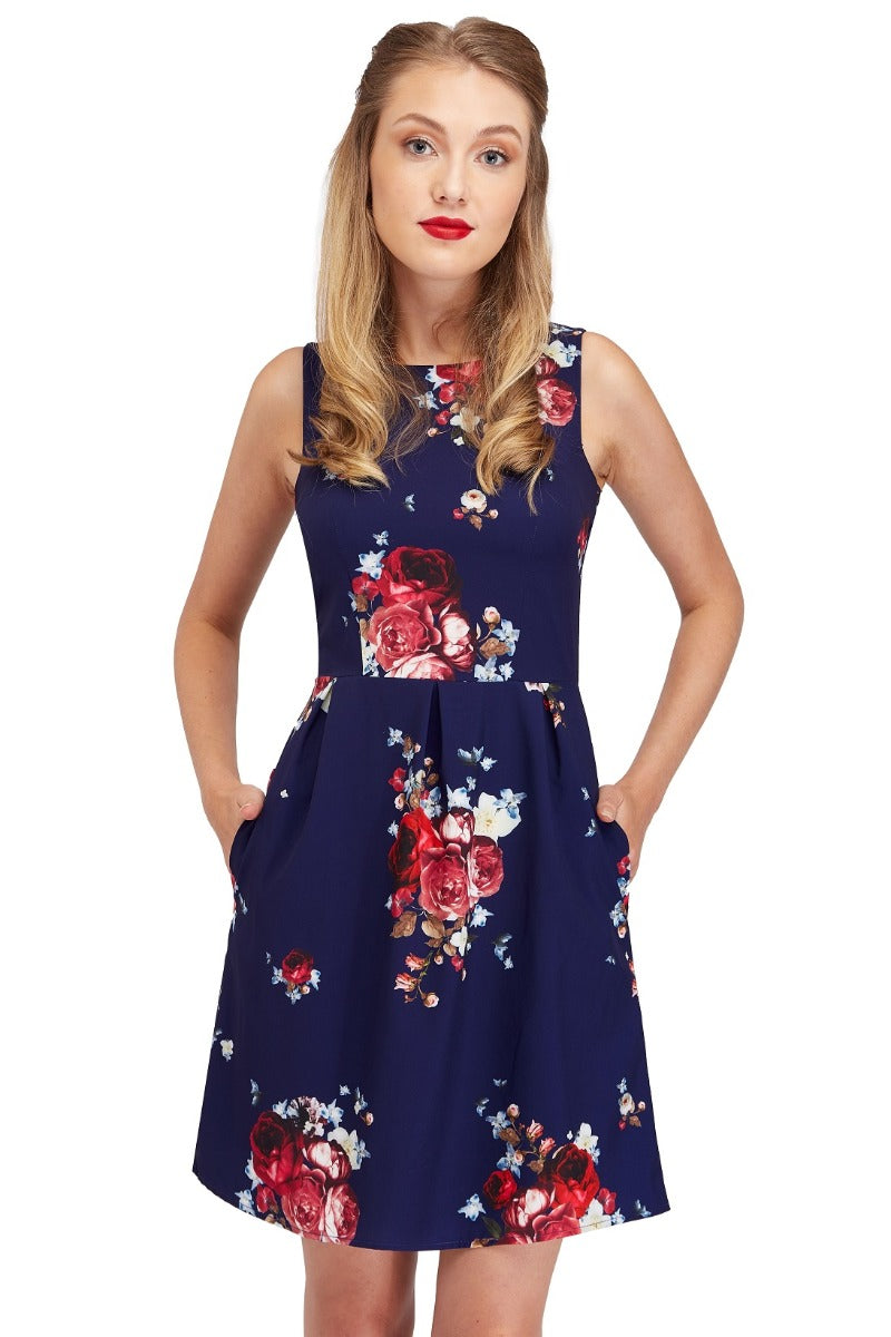Vintage Sleeveless Summer Dress in Navy Blue with Roses and Pockets
