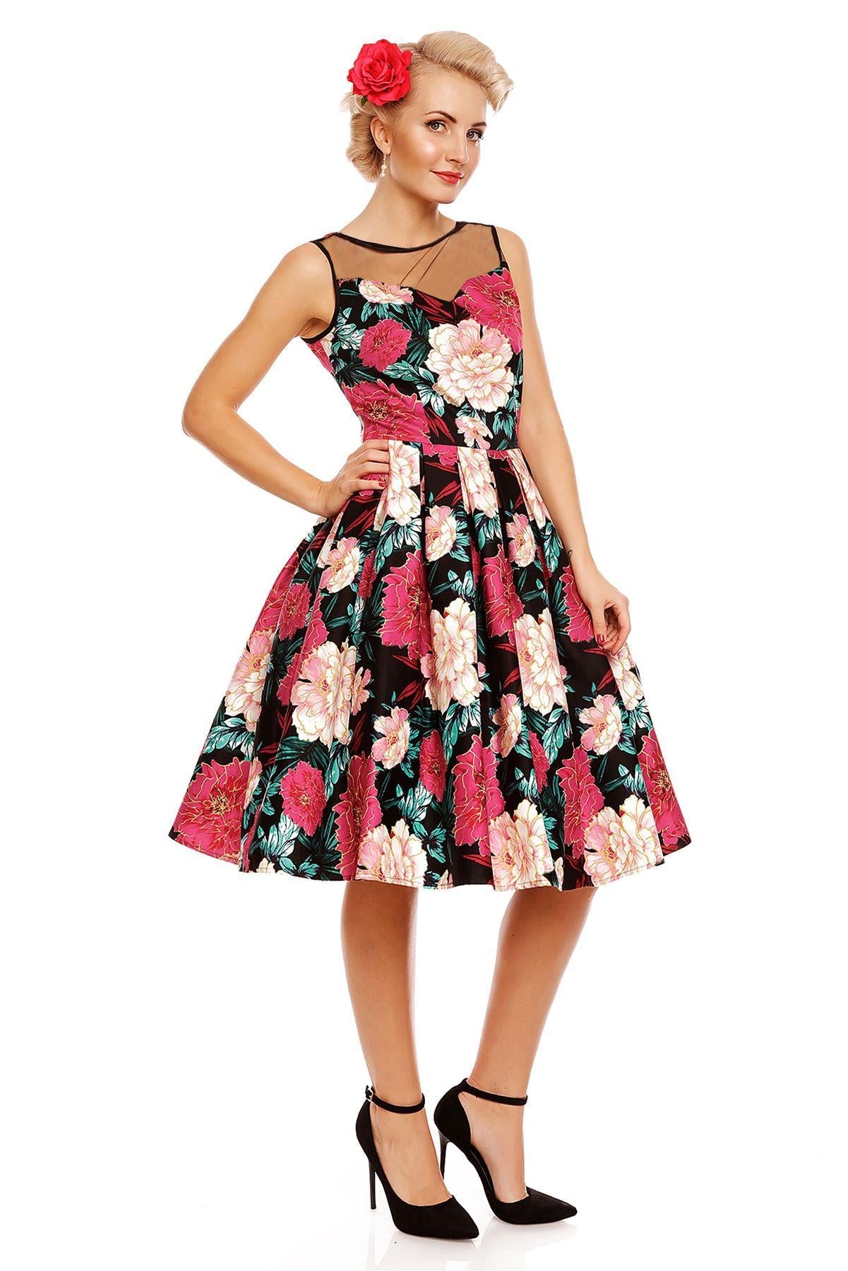 Vintage Style Floral Party Dress in Black-Pink-Gold
