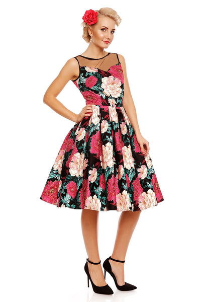 Vintage Style Floral Party Dress in Black-Pink-Gold