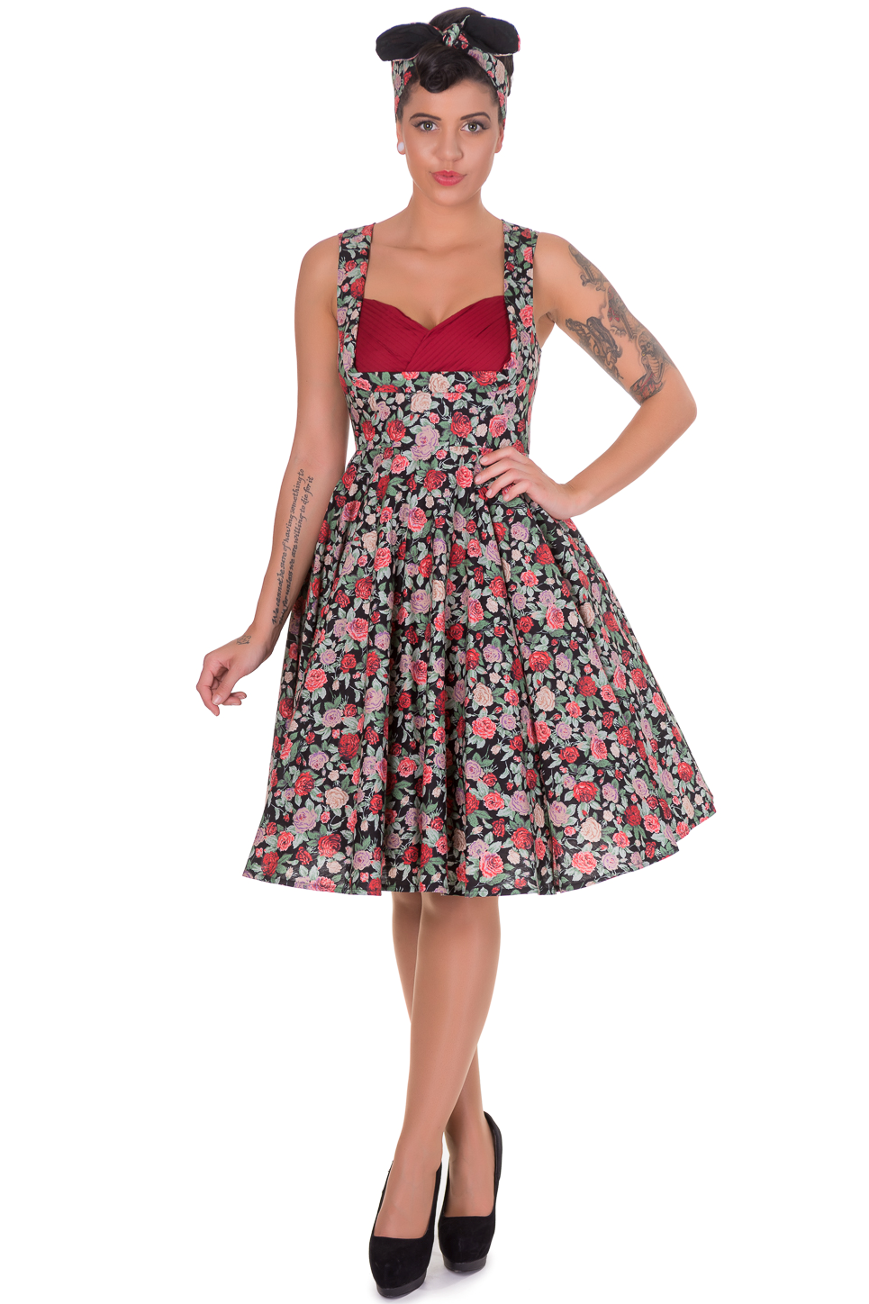 Vintage Style Jive Dress in Black Flowers Red