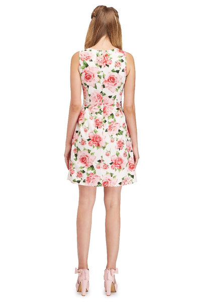 Vintage Sleeveless White Summer Dress with Pastel Roses Floral Print and Pockets
